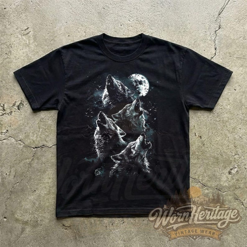Howling Wolves T Shirt, Retro Moonlight Wolf Pack  Graphic Tees